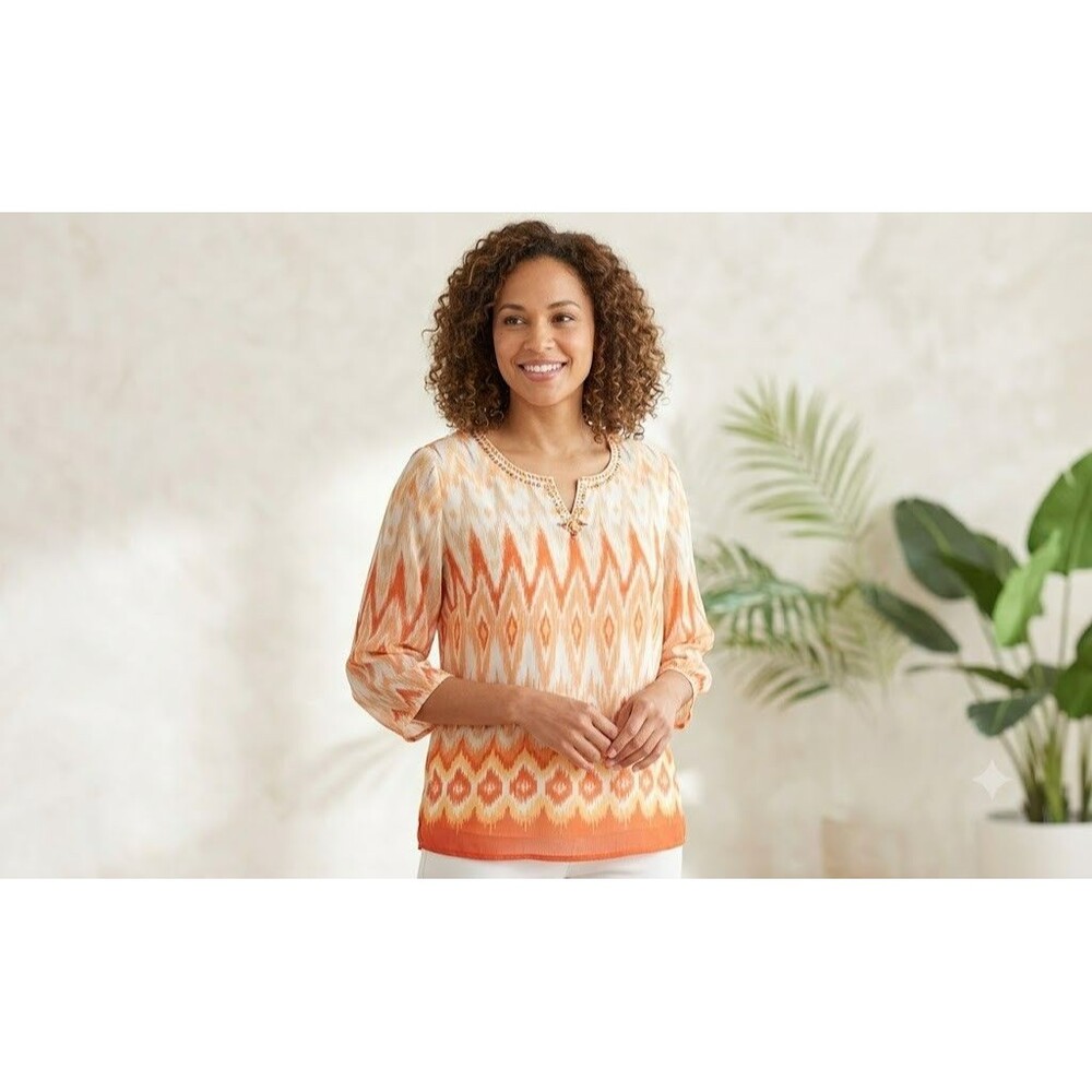 Alfred Dunner Petite 10P Blouse Orange Geometric Boho Sheer 3/4 Sleeve Tops